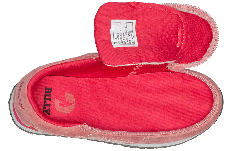 Kid's Pink/Pink BILLY Joggers, zipper shoes, like velcro, that are adaptive, accessible, inclusive and use universal design to accommodate an afo. Footwear is medium and wide width, M, D and EEE, are comfortable, and come in toddler, kids, mens, and womens sizing.