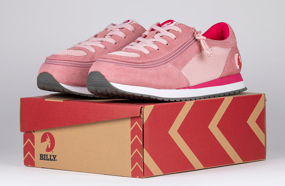 Kid's Pink/Pink BILLY Joggers, zipper shoes, like velcro, that are adaptive, accessible, inclusive and use universal design to accommodate an afo. Footwear is medium and wide width, M, D and EEE, are comfortable, and come in toddler, kids, mens, and womens sizing.