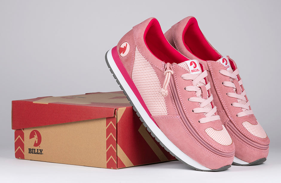 Kid's Pink/Pink BILLY Joggers, zipper shoes, like velcro, that are adaptive, accessible, inclusive and use universal design to accommodate an afo. Footwear is medium and wide width, M, D and EEE, are comfortable, and come in toddler, kids, mens, and womens sizing.