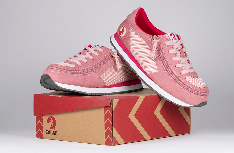 Kid's Pink/Pink BILLY Joggers, zipper shoes, like velcro, that are adaptive, accessible, inclusive and use universal design to accommodate an afo. Footwear is medium and wide width, M, D and EEE, are comfortable, and come in toddler, kids, mens, and womens sizing.