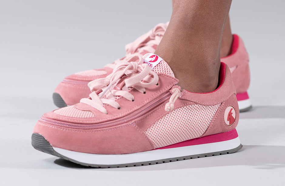 Kid's Pink/Pink BILLY Joggers, zipper shoes, like velcro, that are adaptive, accessible, inclusive and use universal design to accommodate an afo. Footwear is medium and wide width, M, D and EEE, are comfortable, and come in toddler, kids, mens, and womens sizing.