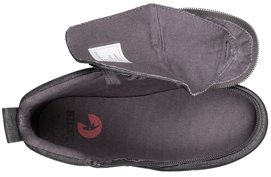 Kid's Charcoal Jersey BILLY Street High Tops, zipper shoes, like velcro, that are adaptive, accessible, inclusive and use universal design to accommodate an afo. BILLY Footwear comes in medium and wide width, M, D and EEE, are comfortable, and come in toddler, kids, mens, and womens sizing.