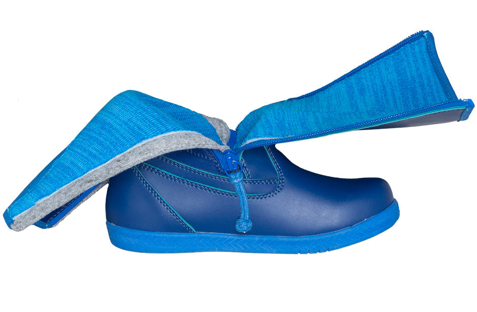 Navy Rain Boots, zipper shoes, like velcro, that are adaptive, accessible, inclusive and use universal design to accommodate an afo. BILLY Footwear is medium and wide width, M, D and EEE, are comfortable, and come in toddler, kids, mens, and womens sizing.