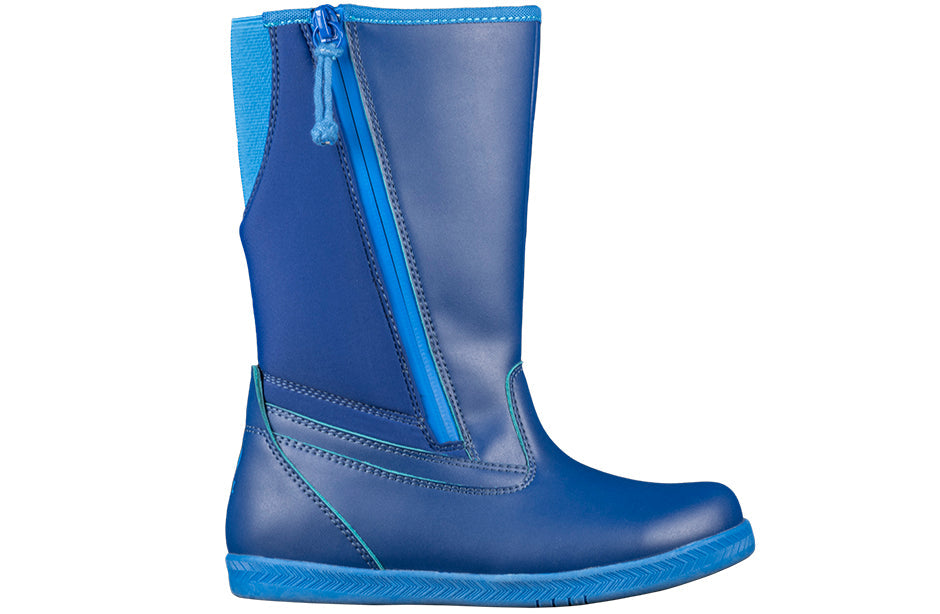 Navy Rain Boots, zipper shoes, like velcro, that are adaptive, accessible, inclusive and use universal design to accommodate an afo. BILLY Footwear is medium and wide width, M, D and EEE, are comfortable, and come in toddler, kids, mens, and womens sizing.
