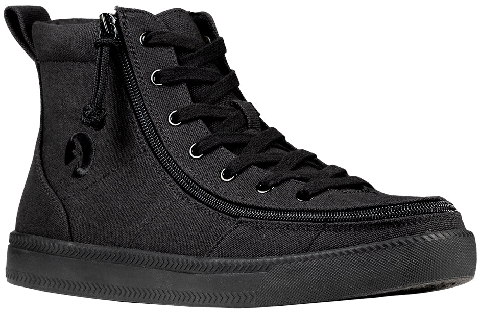 Men's Black to the Floor BILLY Classic Lace Highs (New Outsole), zipper shoes, like velcro, that are adaptive, accessible, inclusive and use universal design to accommodate an afo. Footwear is medium and wide width, M, D and EEE, are comfortable, and come in toddler, kids, mens, and womens sizing.