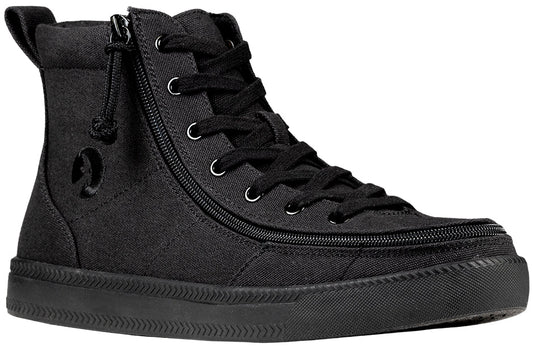 Men's Black to the Floor BILLY Classic Lace Highs (New Outsole), zipper shoes, like velcro, that are adaptive, accessible, inclusive and use universal design to accommodate an afo. Footwear is medium and wide width, M, D and EEE, are comfortable, and come in toddler, kids, mens, and womens sizing.
