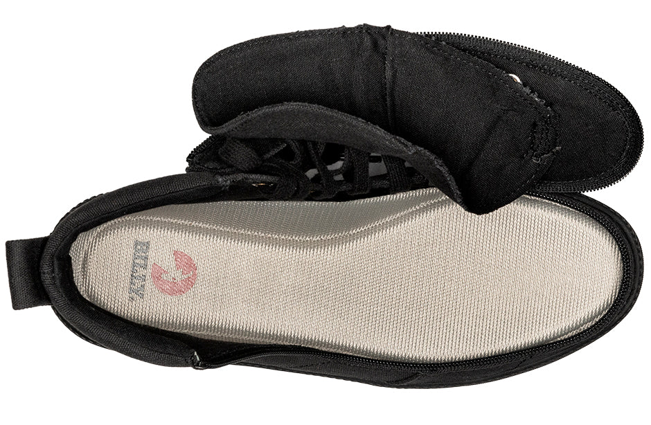 Men's Black to the Floor BILLY Classic Lace Highs (New Outsole), zipper shoes, like velcro, that are adaptive, accessible, inclusive and use universal design to accommodate an afo. Footwear is medium and wide width, M, D and EEE, are comfortable, and come in toddler, kids, mens, and womens sizing.