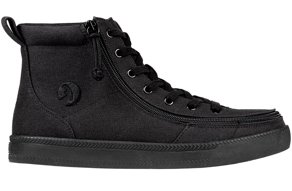 Men's Black to the Floor BILLY Classic Lace Highs (New Outsole), zipper shoes, like velcro, that are adaptive, accessible, inclusive and use universal design to accommodate an afo. Footwear is medium and wide width, M, D and EEE, are comfortable, and come in toddler, kids, mens, and womens sizing.