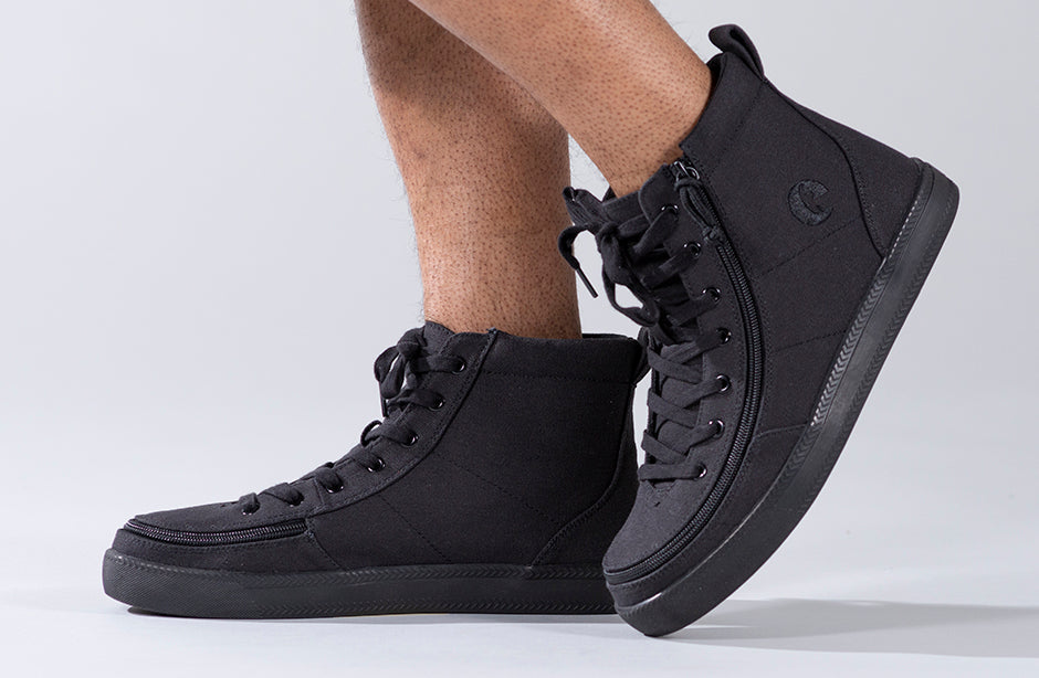 Men's Black to the Floor BILLY Classic Lace Highs (New Outsole), zipper shoes, like velcro, that are adaptive, accessible, inclusive and use universal design to accommodate an afo. Footwear is medium and wide width, M, D and EEE, are comfortable, and come in toddler, kids, mens, and womens sizing.