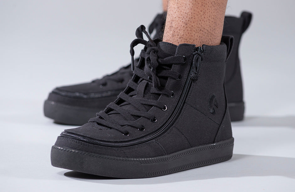 Men's Black to the Floor BILLY Classic Lace Highs (New Outsole), zipper shoes, like velcro, that are adaptive, accessible, inclusive and use universal design to accommodate an afo. Footwear is medium and wide width, M, D and EEE, are comfortable, and come in toddler, kids, mens, and womens sizing.