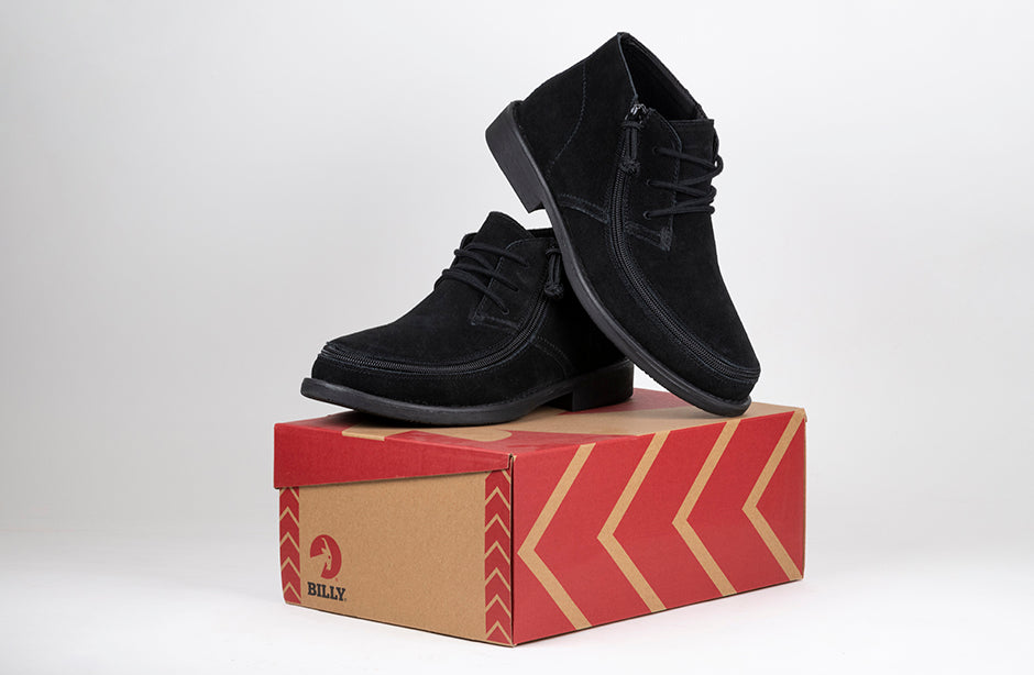 Men's Black BILLY Chukkas, zipper shoes, like velcro, that are adaptive, accessible, inclusive and use universal design to accommodate an afo. Footwear is medium and wide width, M, D and EEE, are comfortable, and come in toddler, kids, mens, and womens sizing.
