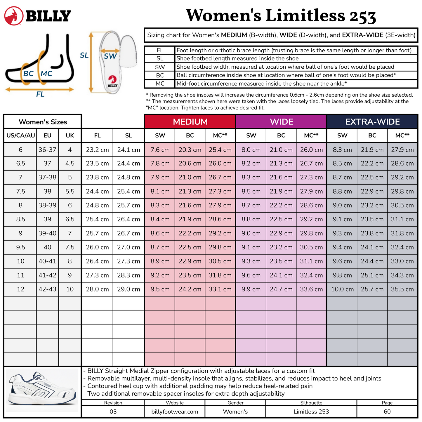 Billy Women's Limitless 253 shoe size chart with measurement guide