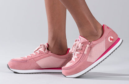 Kid's Pink/Pink BILLY Joggers, zipper shoes, like velcro, that are adaptive, accessible, inclusive and use universal design to accommodate an afo. Footwear is medium and wide width, M, D and EEE, are comfortable, and come in toddler, kids, mens, and womens sizing.