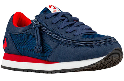 Kid's Navy/Red BILLY Joggers, zipper shoes, like velcro, that are adaptive, accessible, inclusive and use universal design to accommodate an afo. Footwear is medium and wide width, M, D and EEE, are comfortable, and come in toddler, kids, mens, and womens sizing.