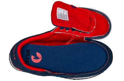 Kid's Navy/Red BILLY Joggers, zipper shoes, like velcro, that are adaptive, accessible, inclusive and use universal design to accommodate an afo. Footwear is medium and wide width, M, D and EEE, are comfortable, and come in toddler, kids, mens, and womens sizing.