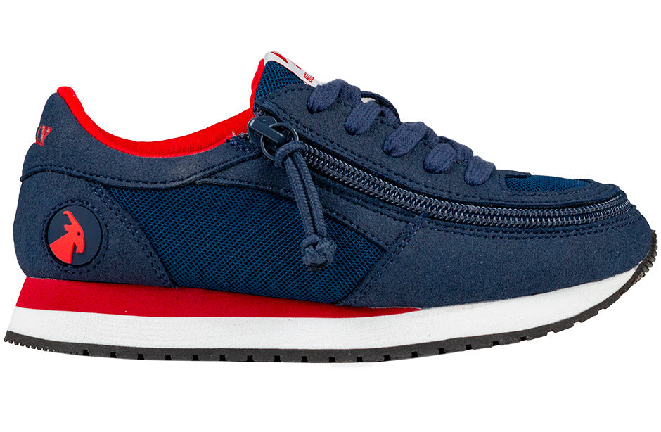 Kid's Navy/Red BILLY Joggers, zipper shoes, like velcro, that are adaptive, accessible, inclusive and use universal design to accommodate an afo. Footwear is medium and wide width, M, D and EEE, are comfortable, and come in toddler, kids, mens, and womens sizing.