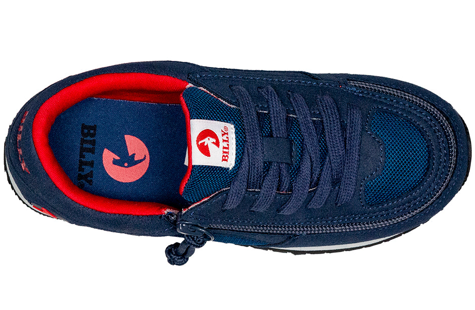 Kid's Navy/Red BILLY Joggers, zipper shoes, like velcro, that are adaptive, accessible, inclusive and use universal design to accommodate an afo. Footwear is medium and wide width, M, D and EEE, are comfortable, and come in toddler, kids, mens, and womens sizing.