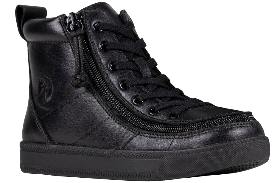 Kid's Black to the Floor Leather BILLY Classic Lace Highs, zipper shoes, like velcro, that are adaptive, accessible, inclusive and use universal design to accommodate an afo. BILLY Footwear is medium and wide width, M, D and EEE, are comfortable, and come in toddler, kids, mens, and womens sizing.
