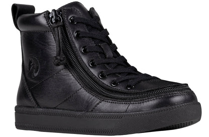 Kid's Black to the Floor Leather BILLY Classic Lace Highs, zipper shoes, like velcro, that are adaptive, accessible, inclusive and use universal design to accommodate an afo. BILLY Footwear is medium and wide width, M, D and EEE, are comfortable, and come in toddler, kids, mens, and womens sizing.