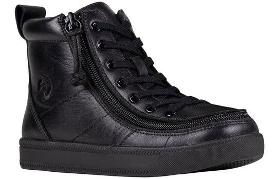 Kid's Black to the Floor Leather BILLY Classic Lace Highs, zipper shoes, like velcro, that are adaptive, accessible, inclusive and use universal design to accommodate an afo. BILLY Footwear is medium and wide width, M, D and EEE, are comfortable, and come in toddler, kids, mens, and womens sizing.