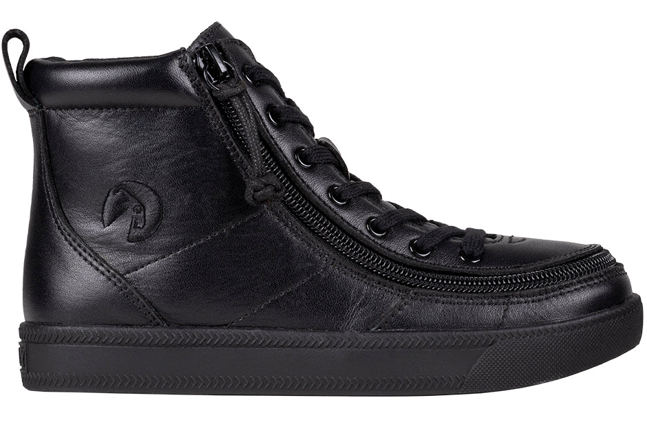 Kid's Black to the Floor Leather BILLY Classic Lace Highs, zipper shoes, like velcro, that are adaptive, accessible, inclusive and use universal design to accommodate an afo. BILLY Footwear is medium and wide width, M, D and EEE, are comfortable, and come in toddler, kids, mens, and womens sizing.