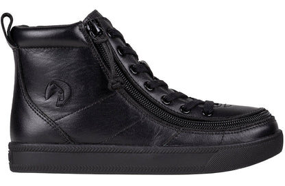 Kid's Black to the Floor Leather BILLY Classic Lace Highs, zipper shoes, like velcro, that are adaptive, accessible, inclusive and use universal design to accommodate an afo. BILLY Footwear is medium and wide width, M, D and EEE, are comfortable, and come in toddler, kids, mens, and womens sizing.