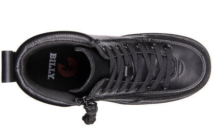 Kid's Black to the Floor Leather BILLY Classic Lace Highs, zipper shoes, like velcro, that are adaptive, accessible, inclusive and use universal design to accommodate an afo. BILLY Footwear is medium and wide width, M, D and EEE, are comfortable, and come in toddler, kids, mens, and womens sizing.