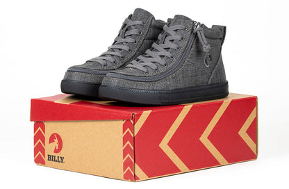 Kid's Charcoal Jersey BILLY Street High Tops, zipper shoes, like velcro, that are adaptive, accessible, inclusive and use universal design to accommodate an afo. BILLY Footwear comes in medium and wide width, M, D and EEE, are comfortable, and come in toddler, kids, mens, and womens sizing.