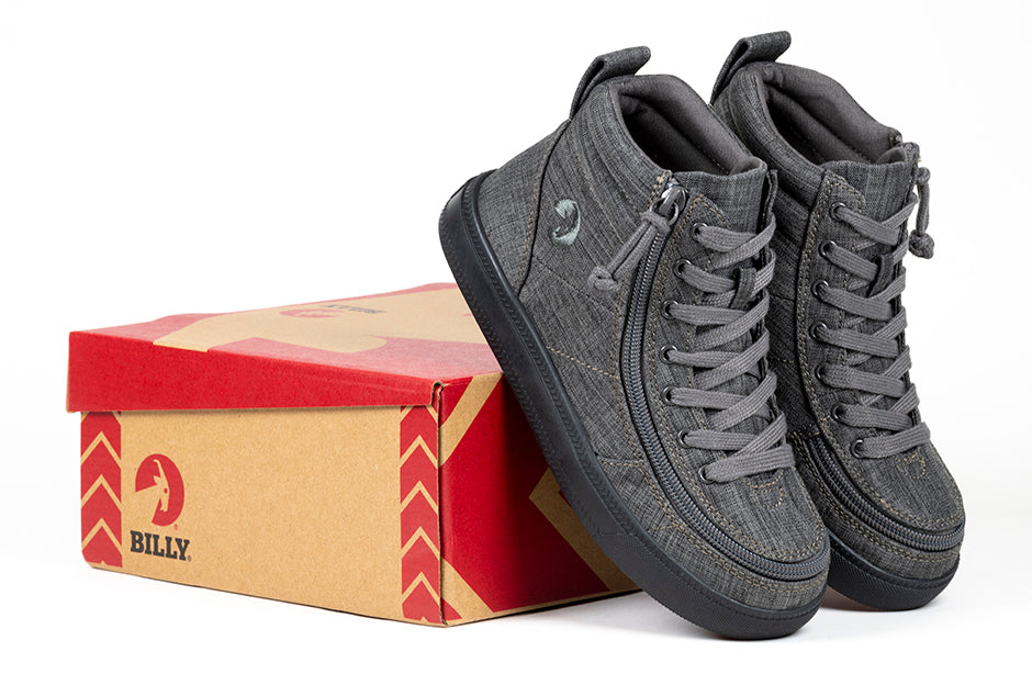 Kid's Charcoal Jersey BILLY Street High Tops, zipper shoes, like velcro, that are adaptive, accessible, inclusive and use universal design to accommodate an afo. BILLY Footwear comes in medium and wide width, M, D and EEE, are comfortable, and come in toddler, kids, mens, and womens sizing.