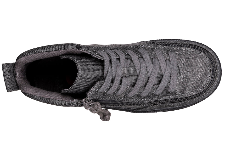 Kid's Charcoal Jersey BILLY Street High Tops, zipper shoes, like velcro, that are adaptive, accessible, inclusive and use universal design to accommodate an afo. BILLY Footwear comes in medium and wide width, M, D and EEE, are comfortable, and come in toddler, kids, mens, and womens sizing.