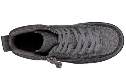 Kid's Charcoal Jersey BILLY Street High Tops, zipper shoes, like velcro, that are adaptive, accessible, inclusive and use universal design to accommodate an afo. BILLY Footwear comes in medium and wide width, M, D and EEE, are comfortable, and come in toddler, kids, mens, and womens sizing.