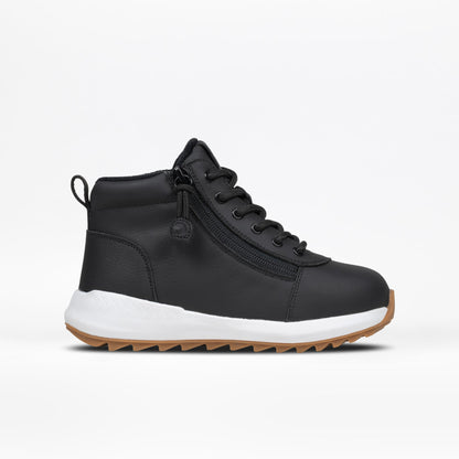 Black Cozy high-top sneaker with white sole on a light gray background