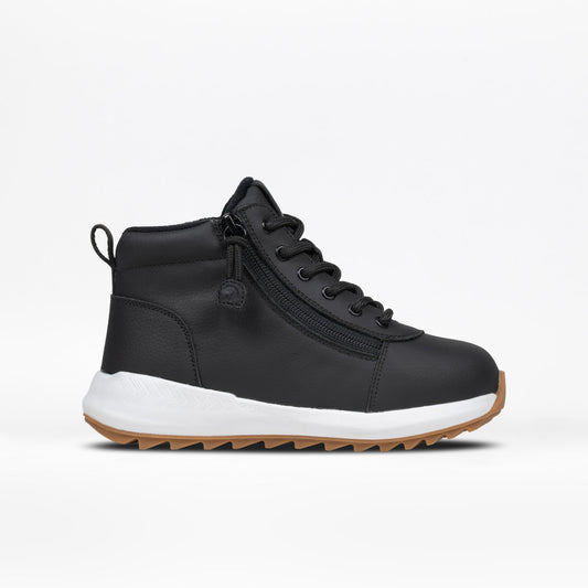 Black Cozy high-top sneaker with white sole on a light gray background
