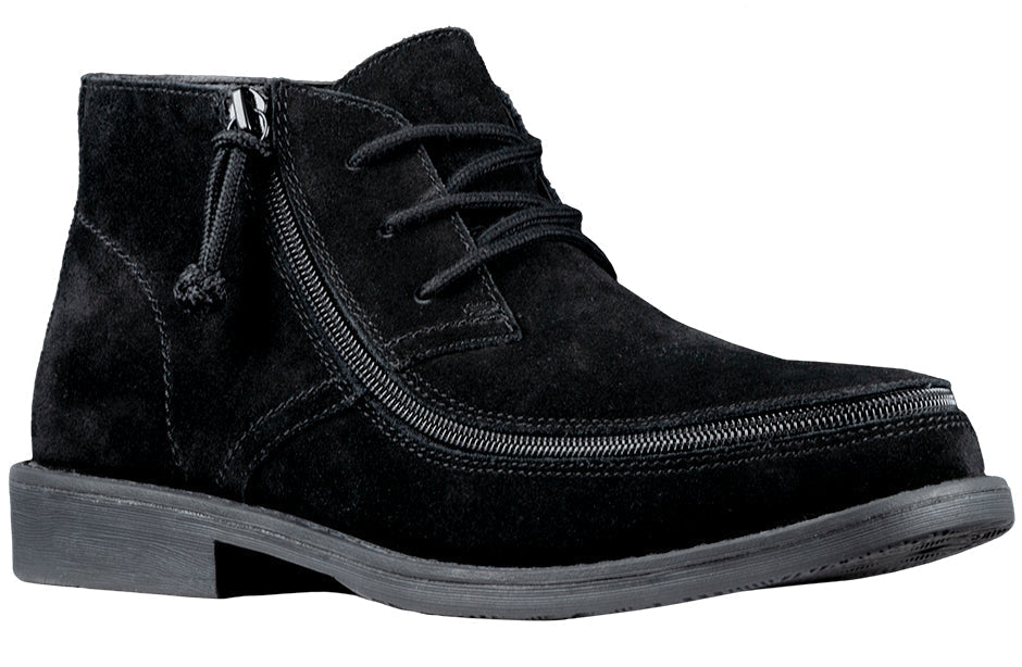 Men's Black BILLY Chukkas, zipper shoes, like velcro, that are adaptive, accessible, inclusive and use universal design to accommodate an afo. Footwear is medium and wide width, M, D and EEE, are comfortable, and come in toddler, kids, mens, and womens sizing.
