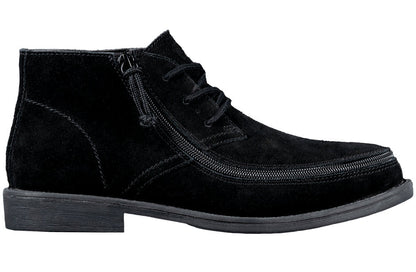Men's Black BILLY Chukkas, zipper shoes, like velcro, that are adaptive, accessible, inclusive and use universal design to accommodate an afo. Footwear is medium and wide width, M, D and EEE, are comfortable, and come in toddler, kids, mens, and womens sizing.