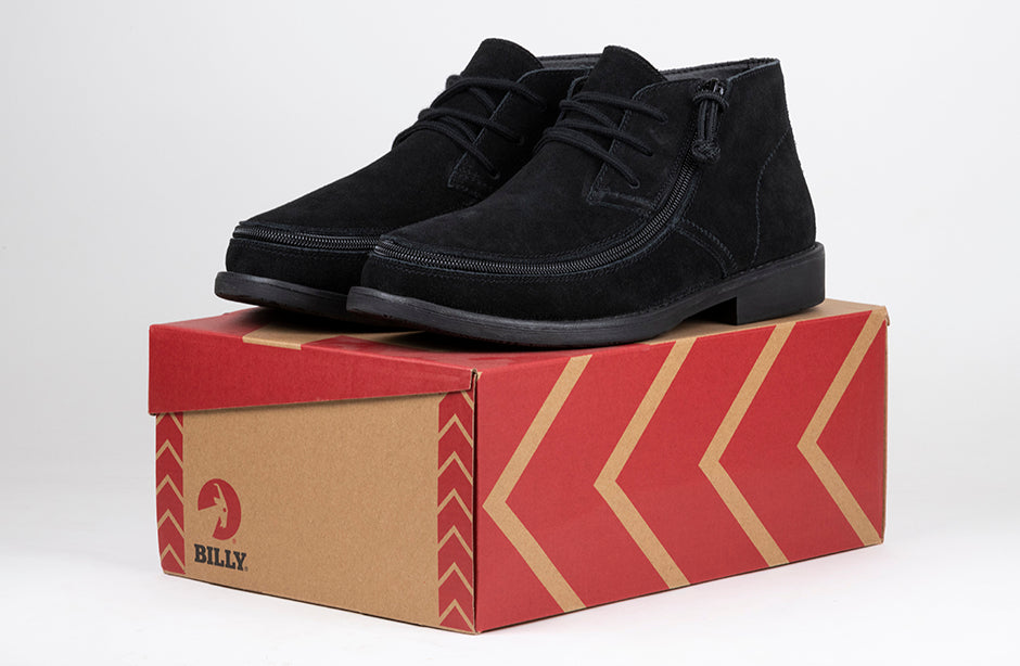 Men's Black BILLY Chukkas, zipper shoes, like velcro, that are adaptive, accessible, inclusive and use universal design to accommodate an afo. Footwear is medium and wide width, M, D and EEE, are comfortable, and come in toddler, kids, mens, and womens sizing.