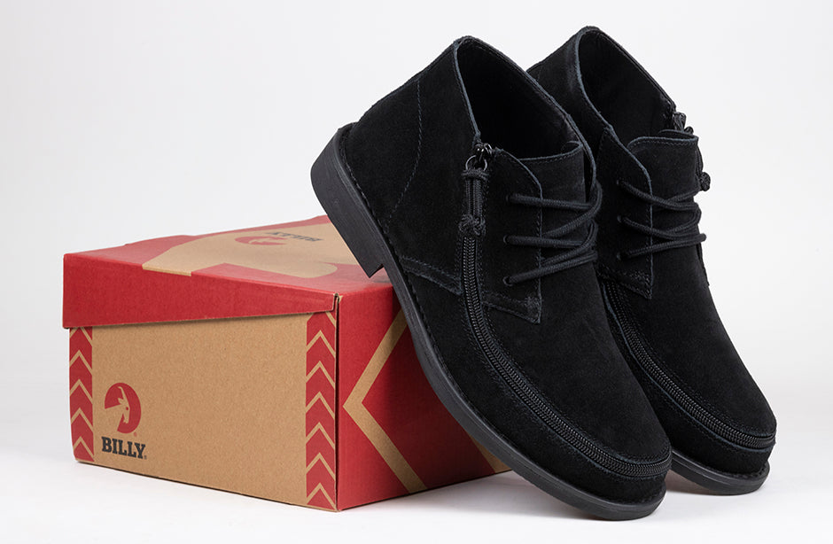Men's Black BILLY Chukkas, zipper shoes, like velcro, that are adaptive, accessible, inclusive and use universal design to accommodate an afo. Footwear is medium and wide width, M, D and EEE, are comfortable, and come in toddler, kids, mens, and womens sizing.