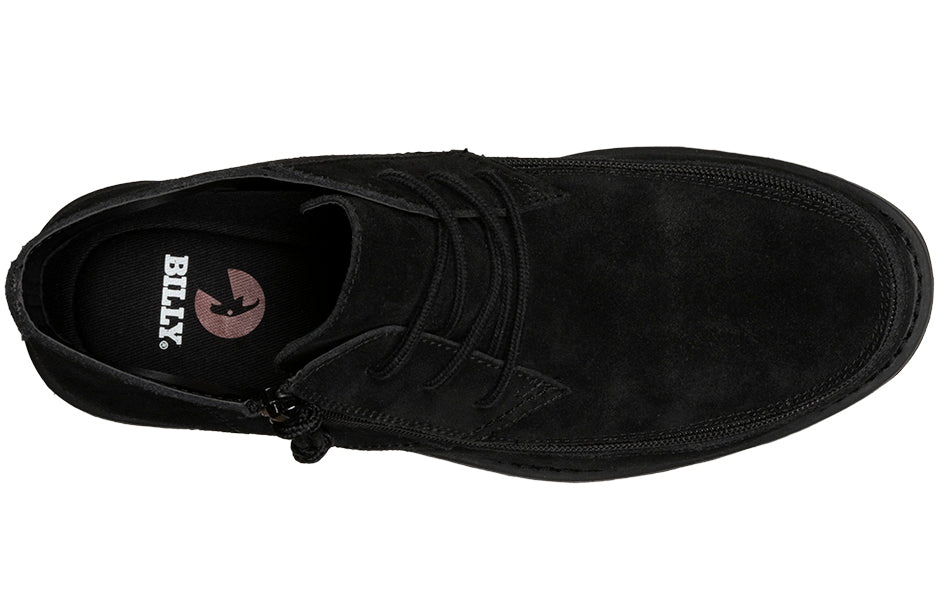 Men's Black BILLY Chukkas, zipper shoes, like velcro, that are adaptive, accessible, inclusive and use universal design to accommodate an afo. Footwear is medium and wide width, M, D and EEE, are comfortable, and come in toddler, kids, mens, and womens sizing.