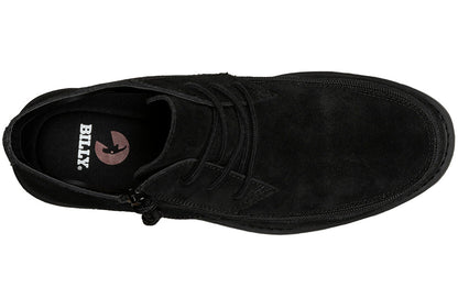 Men's Black BILLY Chukkas, zipper shoes, like velcro, that are adaptive, accessible, inclusive and use universal design to accommodate an afo. Footwear is medium and wide width, M, D and EEE, are comfortable, and come in toddler, kids, mens, and womens sizing.