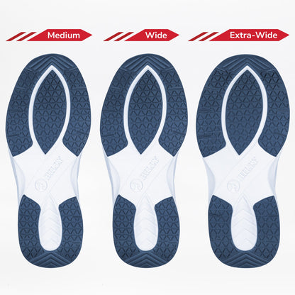 Three pairs of shoe insoles labeled 'Medium', 'Wide', and 'Extra-Wide' on a white background.