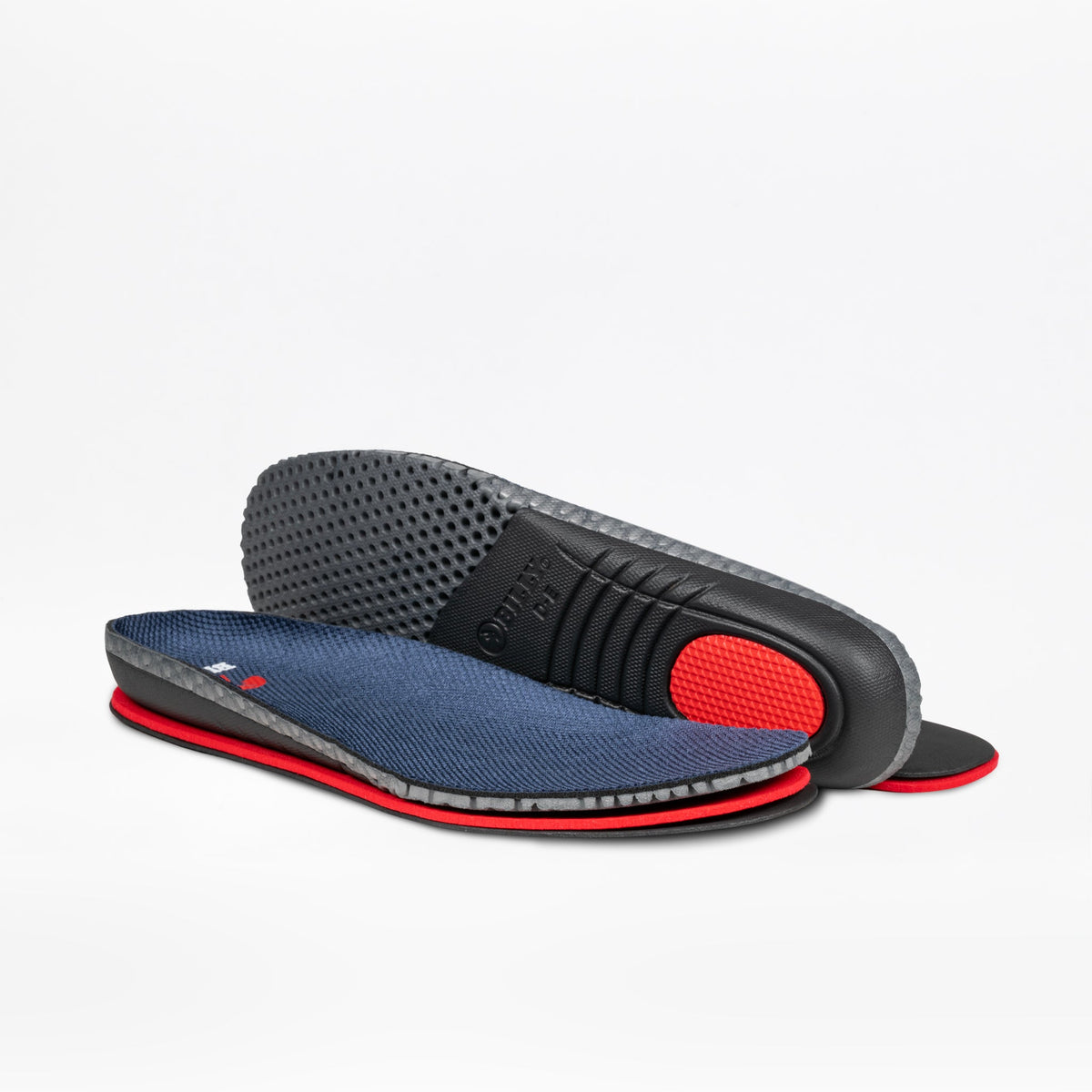 Pair of shoe insoles with red accents on a white background