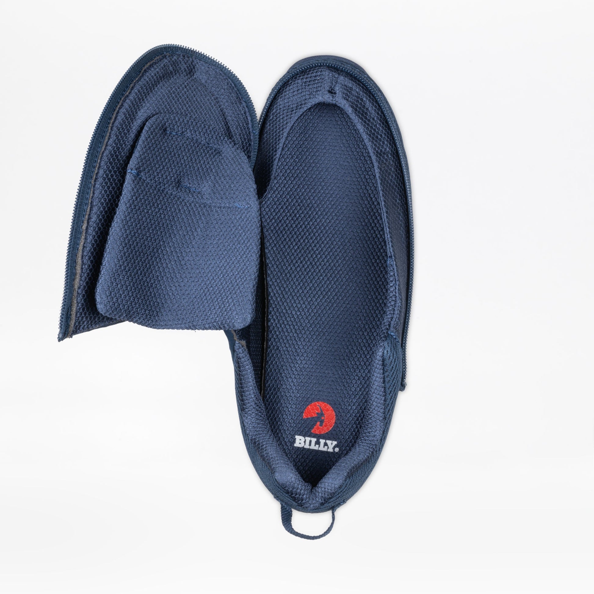 Blue slip-on shoes on a white background, featuring the BILLY logo.