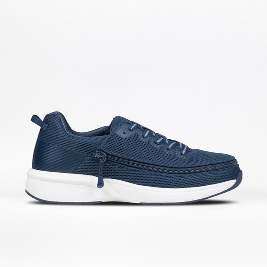Navy blue athletic shoe with white sole on a light gray background