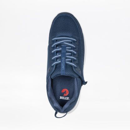 Navy blue sneaker with a visible brand logo on a white background
