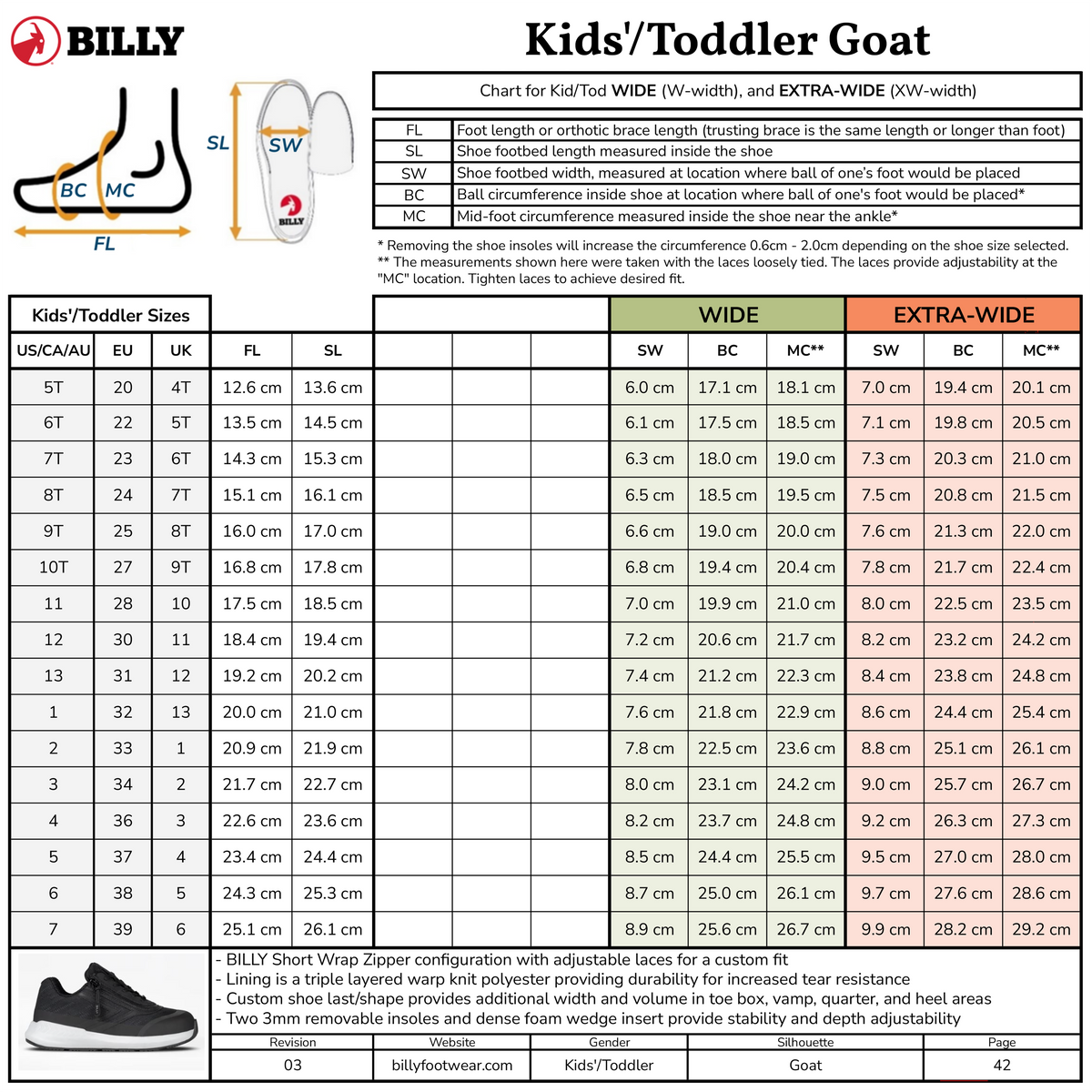 Kids'/Toddler BILLY Goat afo-friendly shoes sizing chart