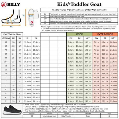 Kids'/Toddler BILLY Goat afo-friendly shoes sizing chart