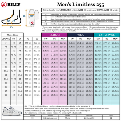Billy Men's Limitless 253 shoe size chart with measurements and specifications.