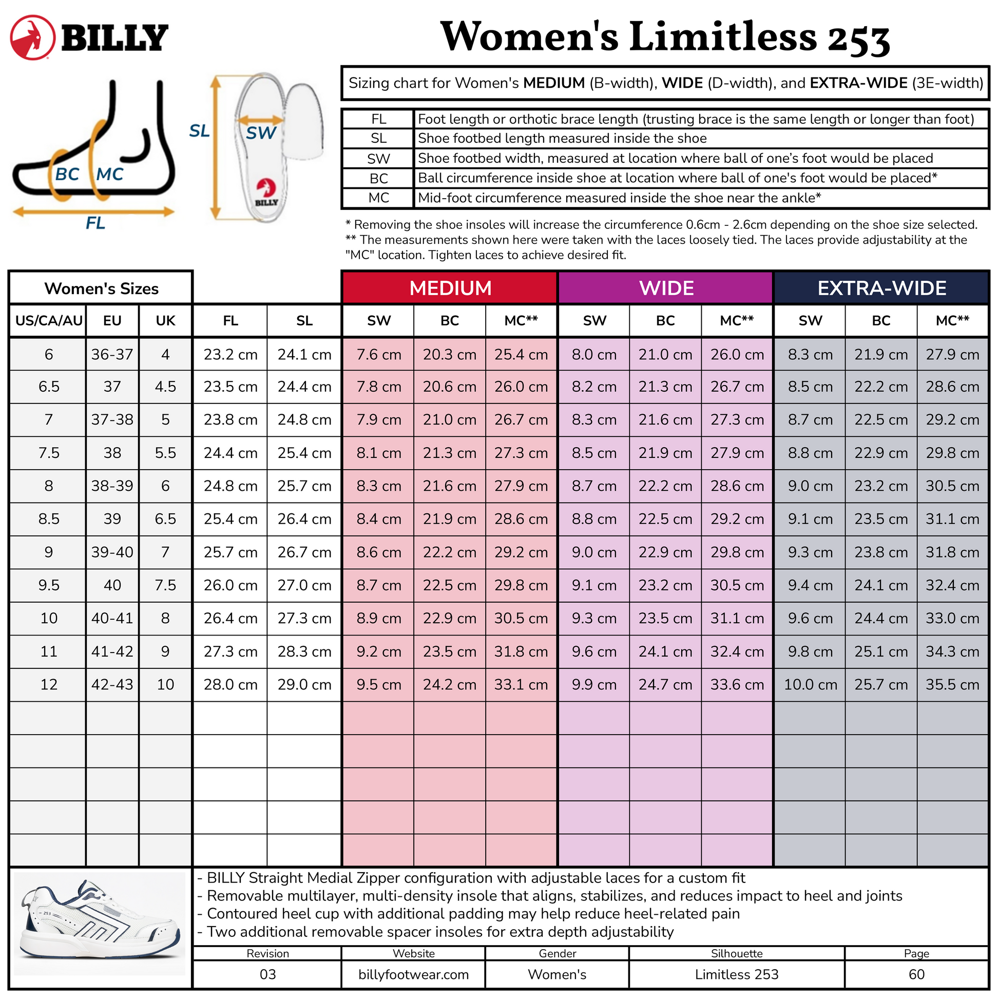 Billy Women's Limitless 253 shoe size chart with measurement guide