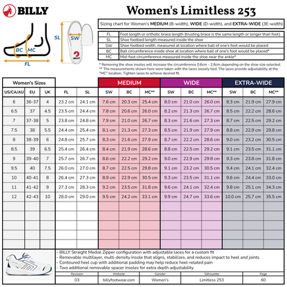 Billy Women's Limitless 253 shoe size chart with measurement guide